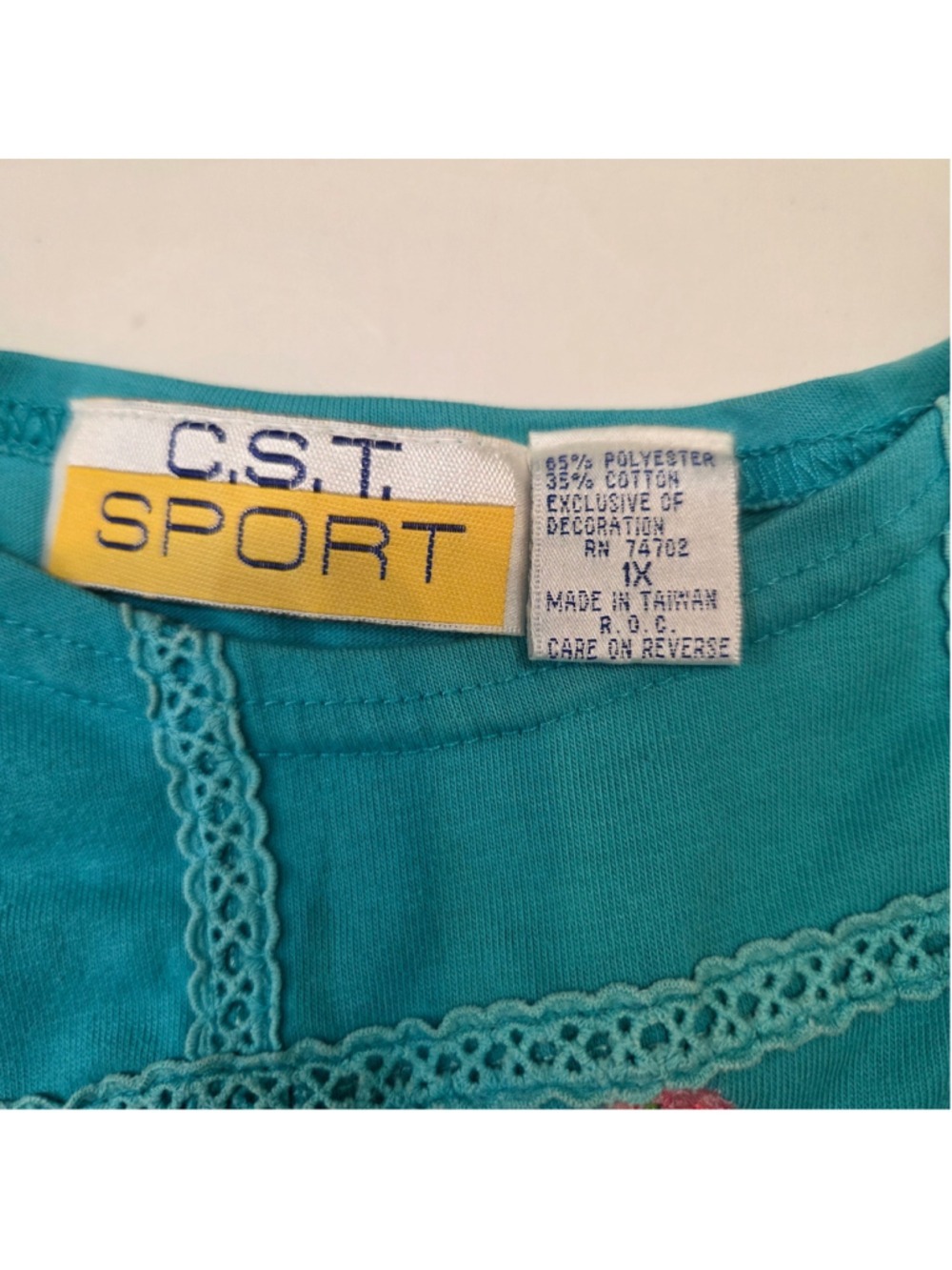 C.S.T. Sport Vintage Y2K Embroidered Floral Teal T-Shirt 1X - Picture 4 of 6